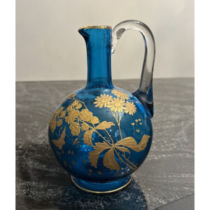 Bohemia Art Glass Cruet Optic Blue Applied Handle Gold Florals Butterfly 6.5"